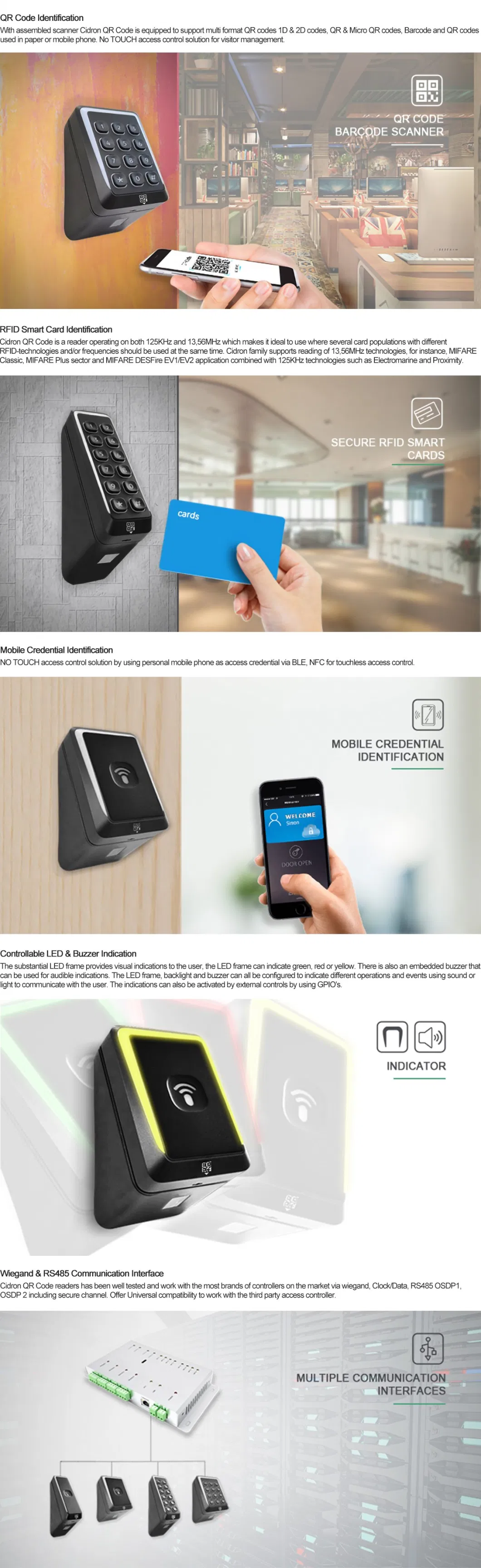 Civintec Qr Code 58 Wiegand NFC IC MIFARE Contactless Bluetooth RFID Access Control Reader