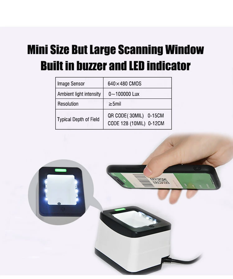 Hot Sale Quick Scan CMOS 2D Qr Code USB Desktop Mobile Payment Barcode Scanner Box HS-2001c